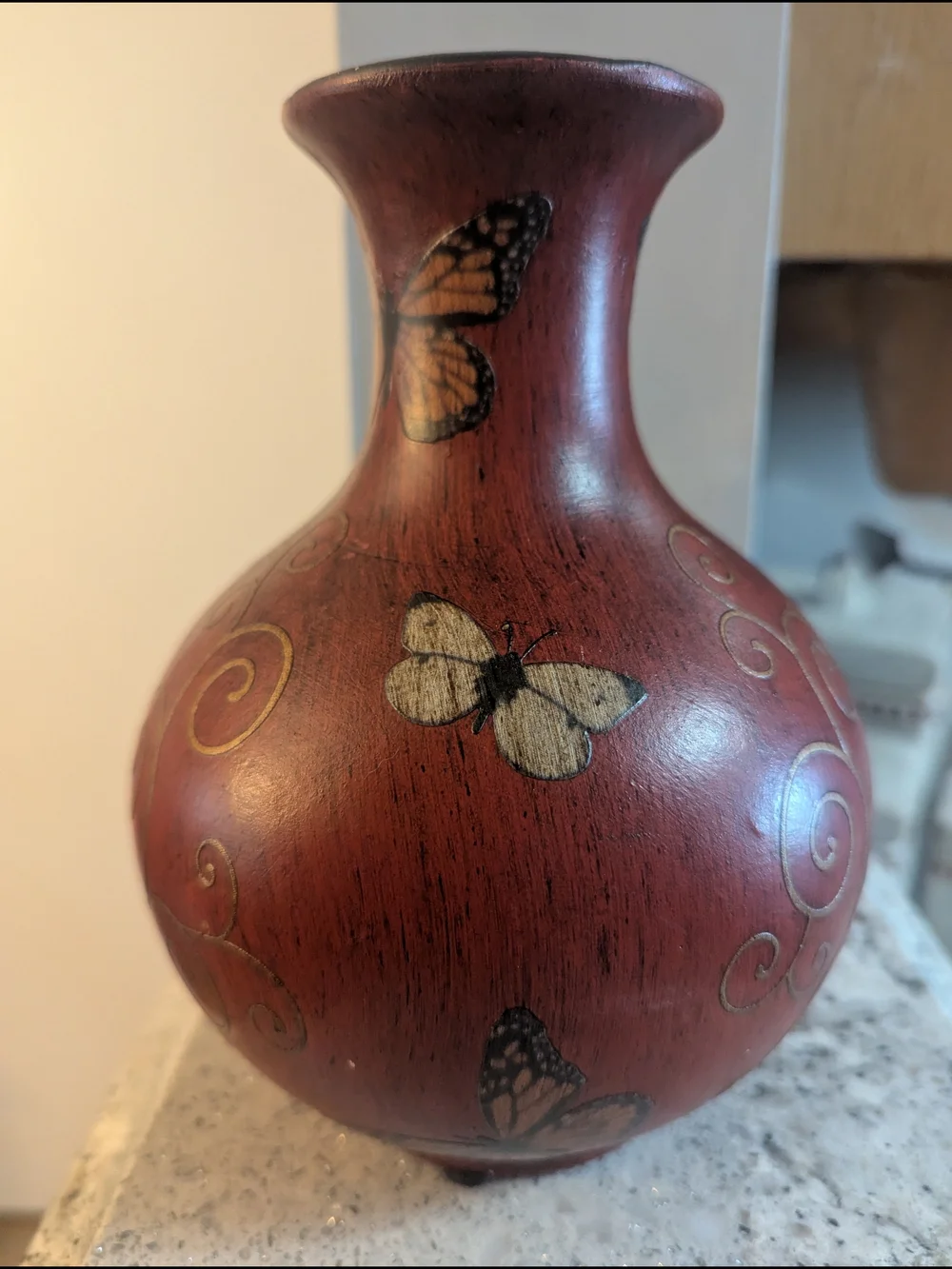 Vintage 90's Fat Belly Ceramic Vase Hand Painted Decoupage Butterflies BOHO